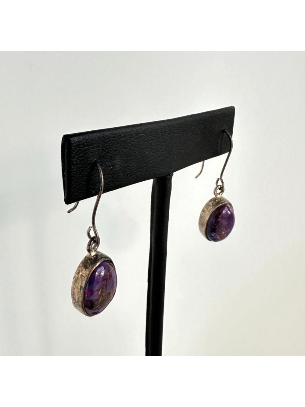 Sterling Silver 925 Purple Copper Turquoise Cabochon Drop Earrings Bohemian - Picture 3 of 7